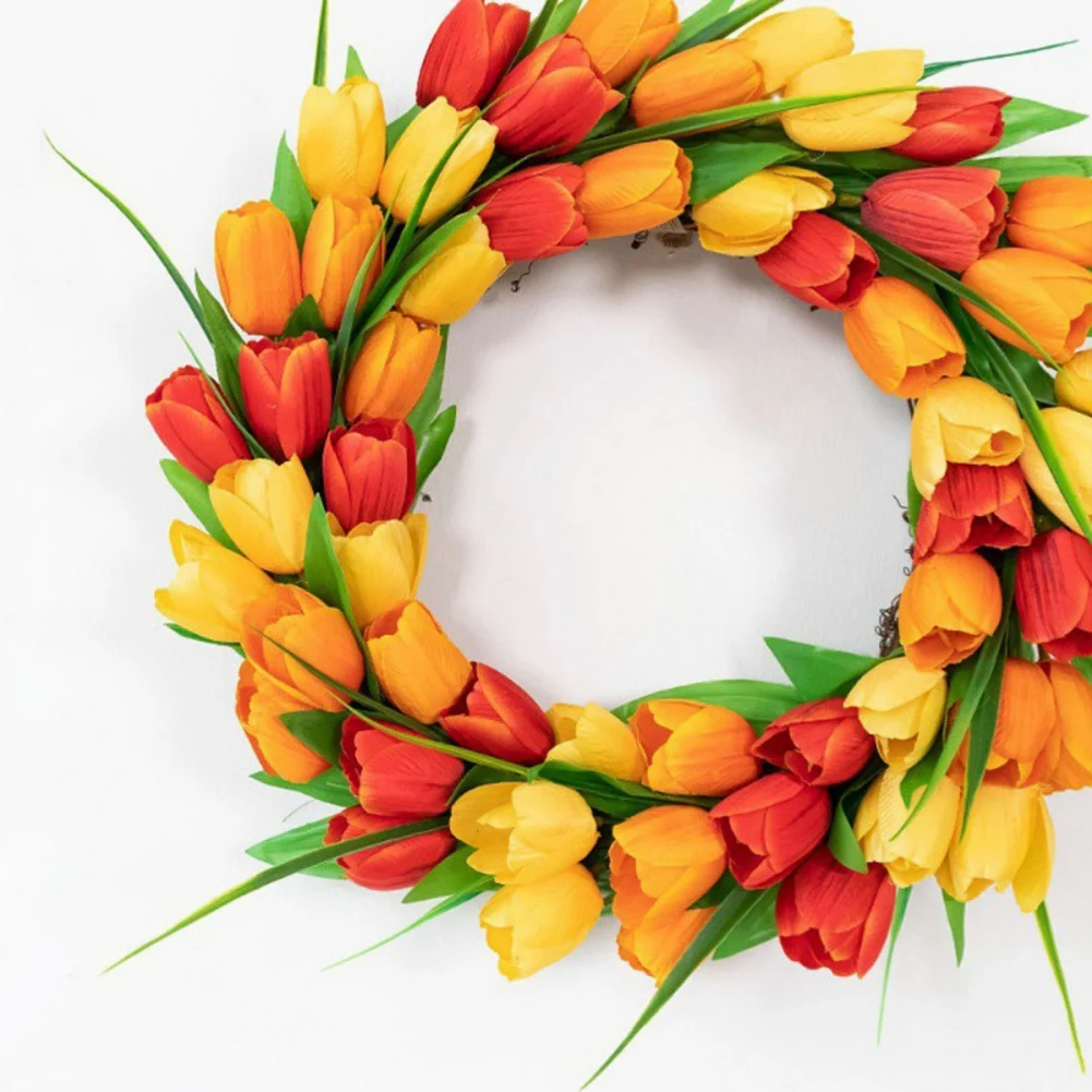 

43cm Artificial Tulip Wreath Floral Arrangement with Greenery All-Season Hanging Decor for Home Wedding Various Room Types