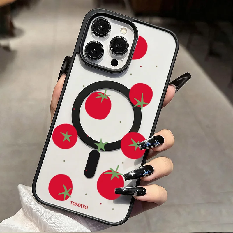 Magnetic Cartoon Tomato Phone Case For iPhone 18 17 16 15 14 13 Pro Max 12 11 15 16 Plus Air Clear Magsafe Transparent Cover