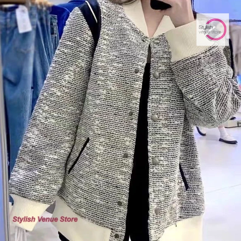 

French retro fashion loose baseball jacket ladies' luxury top women's autumn and winter color matching Joker stitching coat