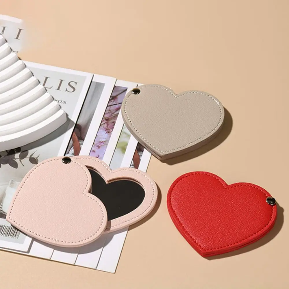 

Cute Portable Heart Compact Mirror Solid Color Ultra-thin Makeup Mirror Unbreakable PU Leather Makeup Tool Women