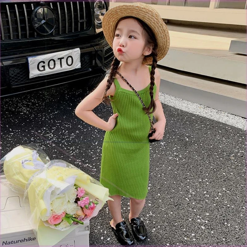 

Baby Girls Knitted Suspender Dresses Summer Kids Fashion Elastic Slim Sleeveless Vest Dress 2-8Y Inside Children's Clothing