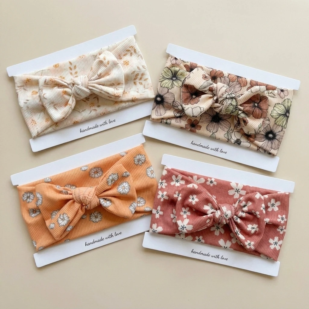 Floral Print Baby Bow Headband, Cable Knit Wide Nylon Turban Head Wraps Baby Shower Gift KIds Girls Hair Accessories
