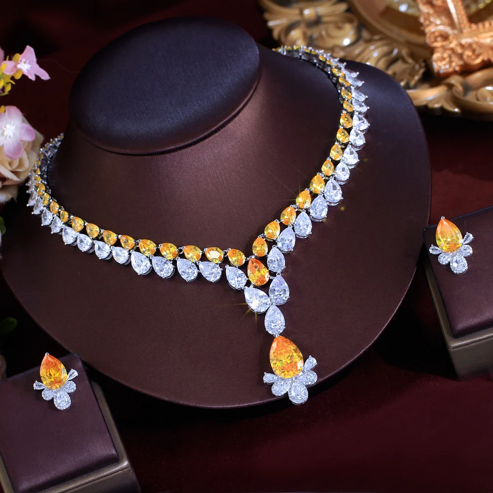 CWWZircons 2 Layer Water Drop Cubic Zirconia Big Chunky Necklace Party Brides Jewelry Sets for Women Luxury Wedding Decor T769