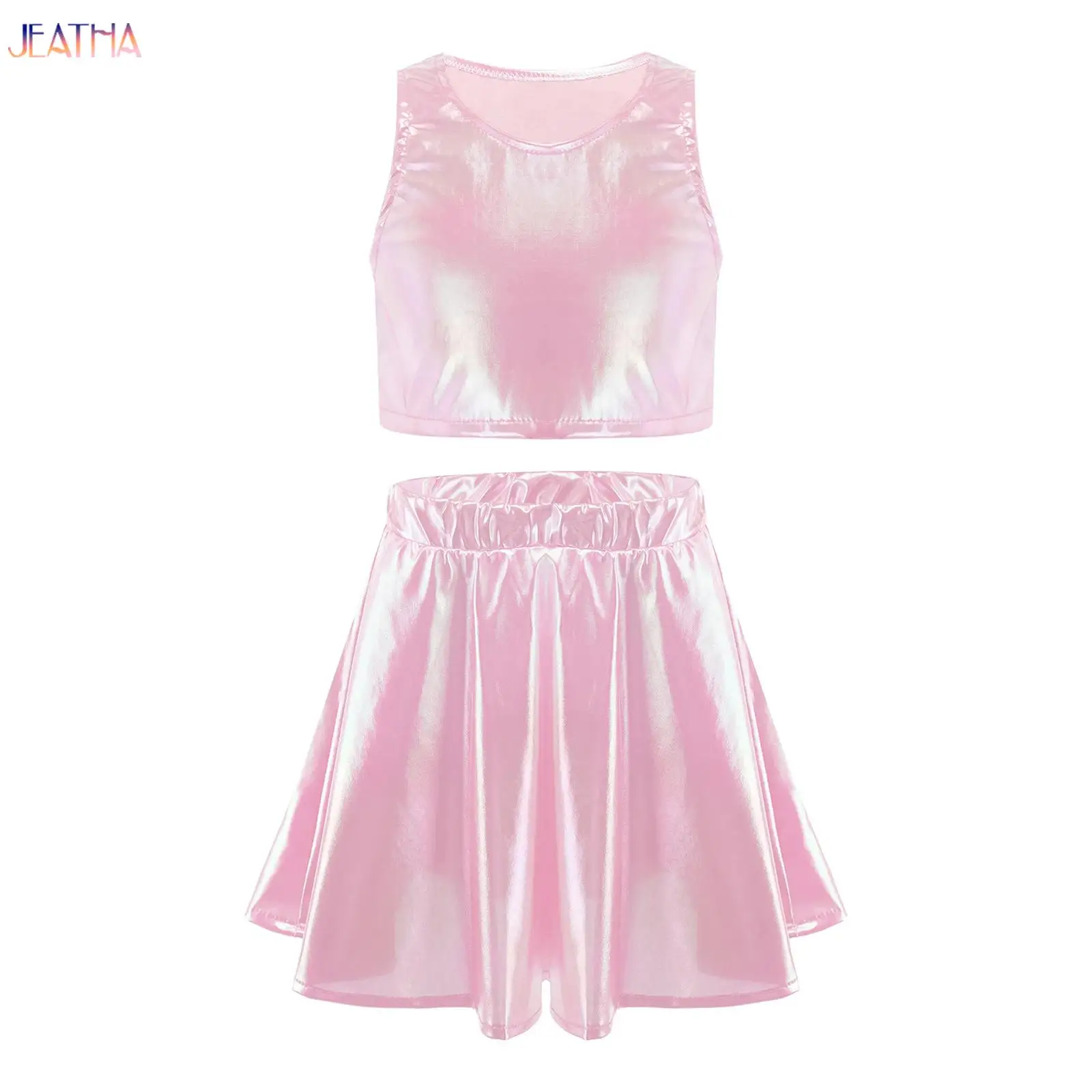 Kids Girls Figure Skating Dancewear Hip Hop Jazz Dance Performance Costume Shiny Tank Top Crop Top Metallic Shiny Ruffled Skirts