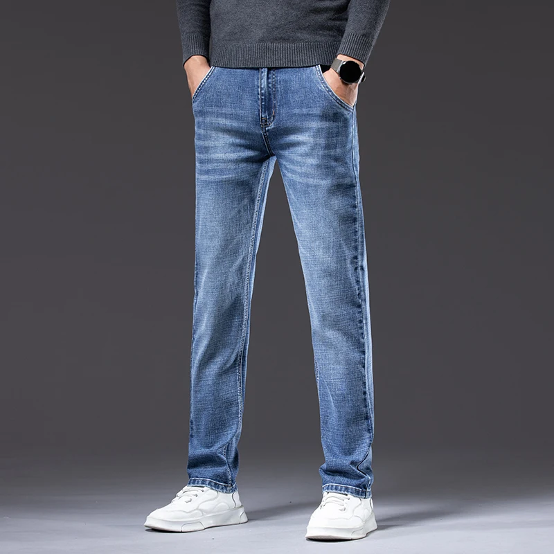Autumn Men\'s Business Straight Fit Jeans Vintage Blue Smoke Gray Stretch Trousers Soft Comfortable Fabric Denim Pants Male