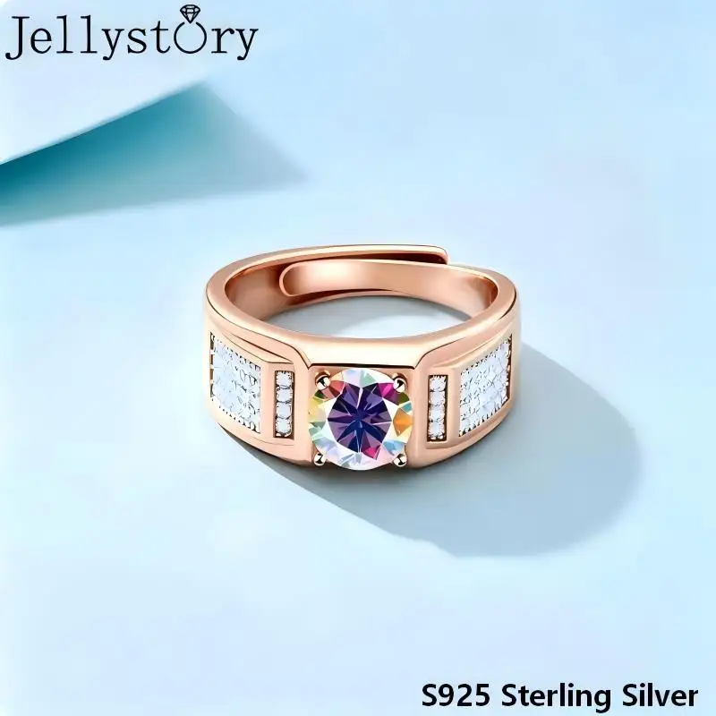 Jellystory 1ct Moissanite S925 Silver Men's Adjustable Open Ring Wedding Engagement Promise Band Boyfriend Couple Gift