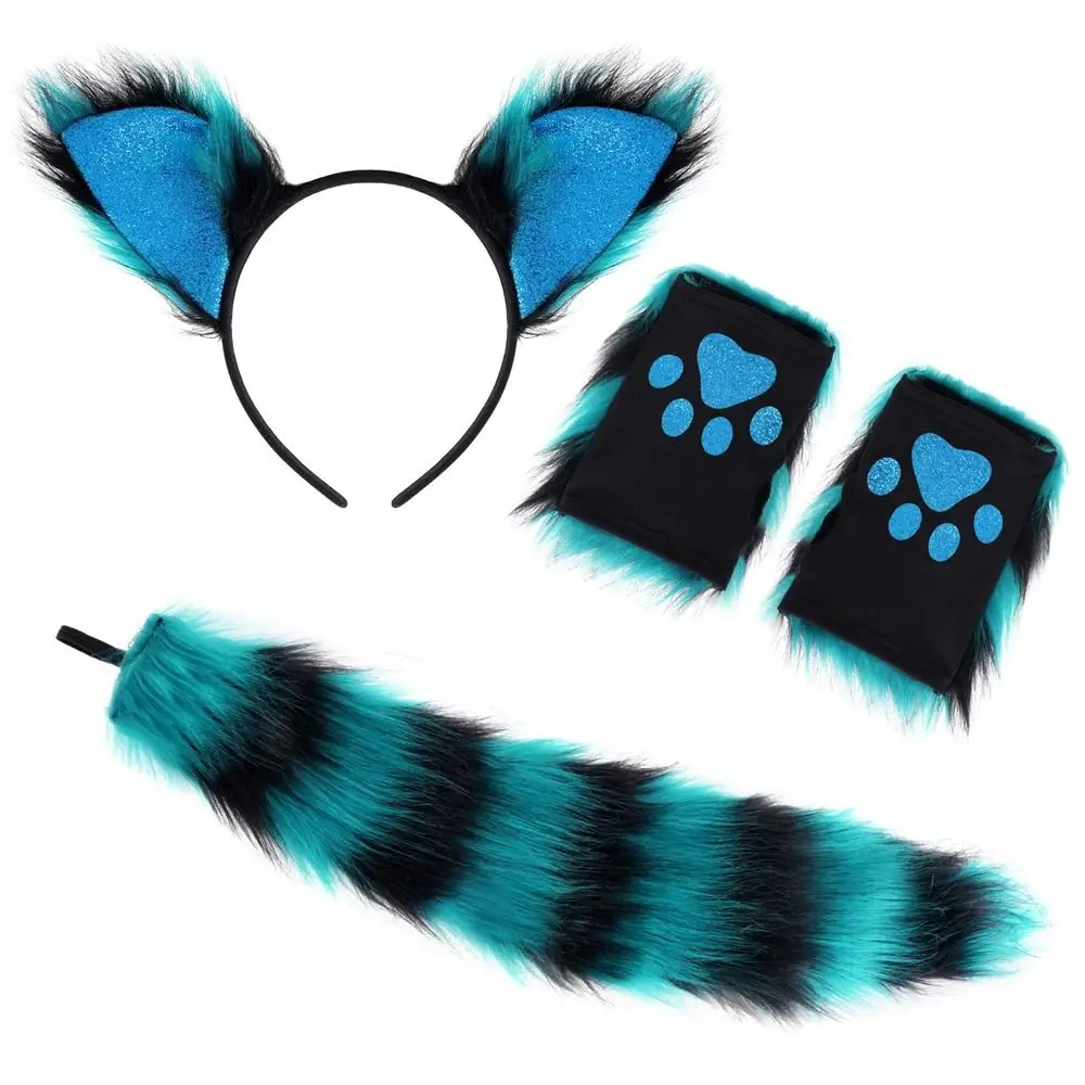 Conjunto de guantes y cola de piel sintética para disfraz de gato, Lobo, zorro, fiesta de disfraces, vestido de Mascarada, diadema de oreja, Navidad y Halloween
