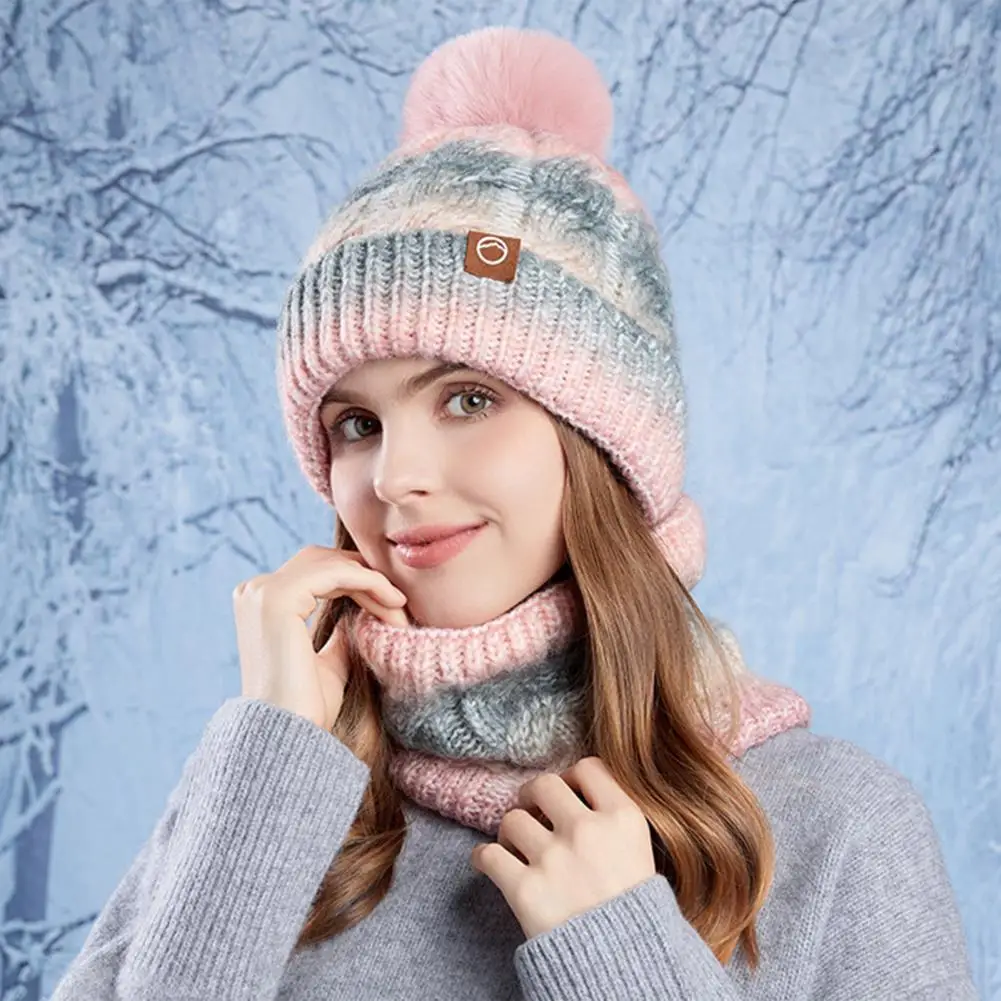 Winter Neckwear Women's Winter Hat Scarf Set with Plush Ball Decor Contrast Color Design Thick Plush Lining for Outdoor