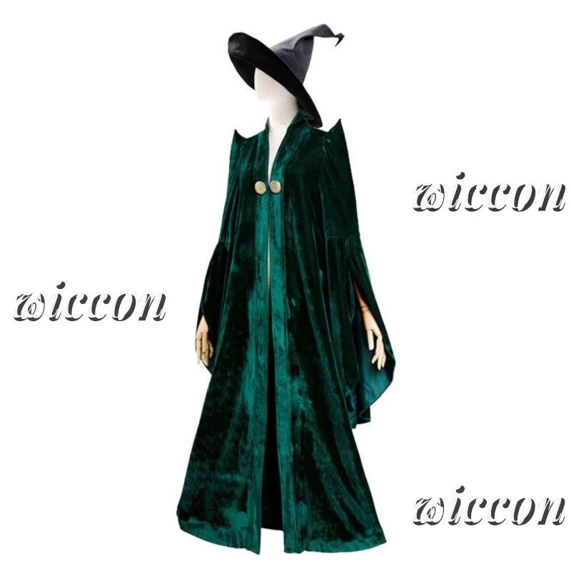 McGonagall Professor Cosplay Costume pour femme, robe verte, cape en velours, chapeau Everak, Halloween, carnaval, haute qualité