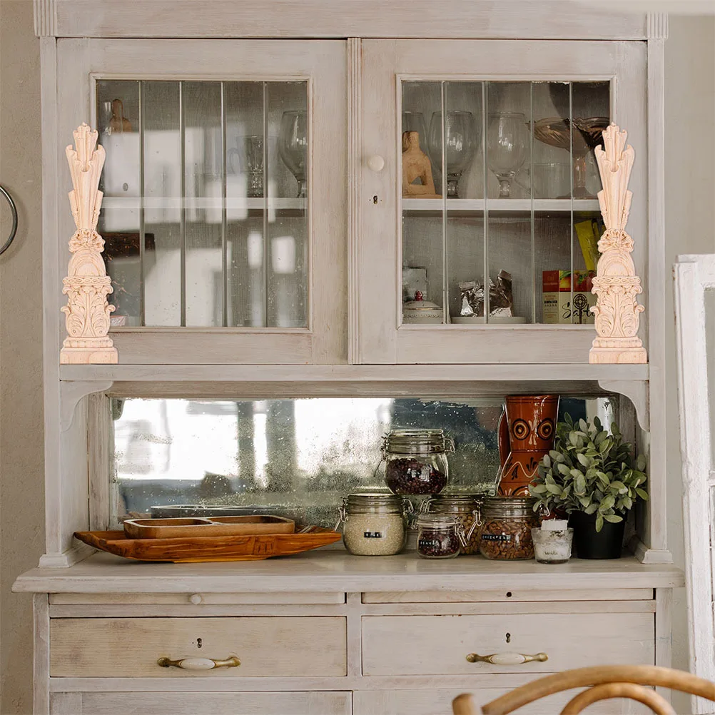 

2pcs Wood Carved Applique Decorative Cabinet Door Onlay For Furniture Diy Home Decor Retro Wooden Trim Unpainted Decals