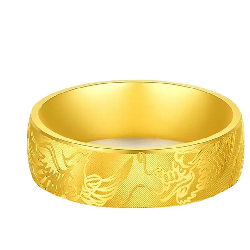 9999 24K Real Gold Men's and Women's Carved Closed Ring CNC Dragon and Phoenix Auspicious Ring Couple Ring