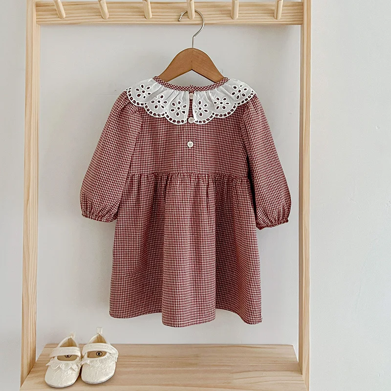 Autumn Kids Baby Girls Dress Lace Collar Grid Princess Dress New Baby Girls Sweet Dress Cotton Children Girls Clothes Dress