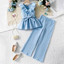 Girls' Pants Suits Sleeveless V Neck Bow Vest Tops+Elastic Wide Leg Casual Solid Color Pants Sets Children Girl 7T,8T,9T,10T,11T