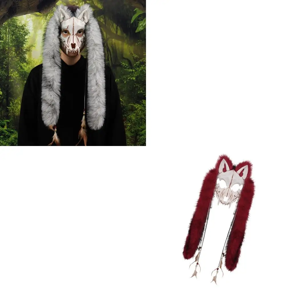 

652F Faux Furs Vikinges Foxes Mask Werewolfs Costume Cosplay Accessory Furry Animal Mask for Halloween Carnival Themed Party