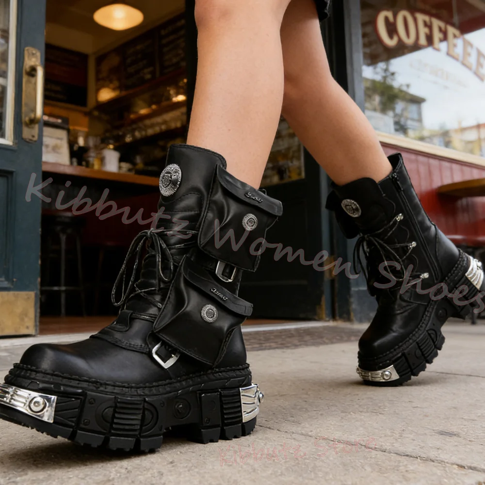 

Retro Platform Boots High Round Metal Toe Side Zipper Leather Gothic Style Women Shoes Chunky Heel Round Toe Pocket Fashion Sexy