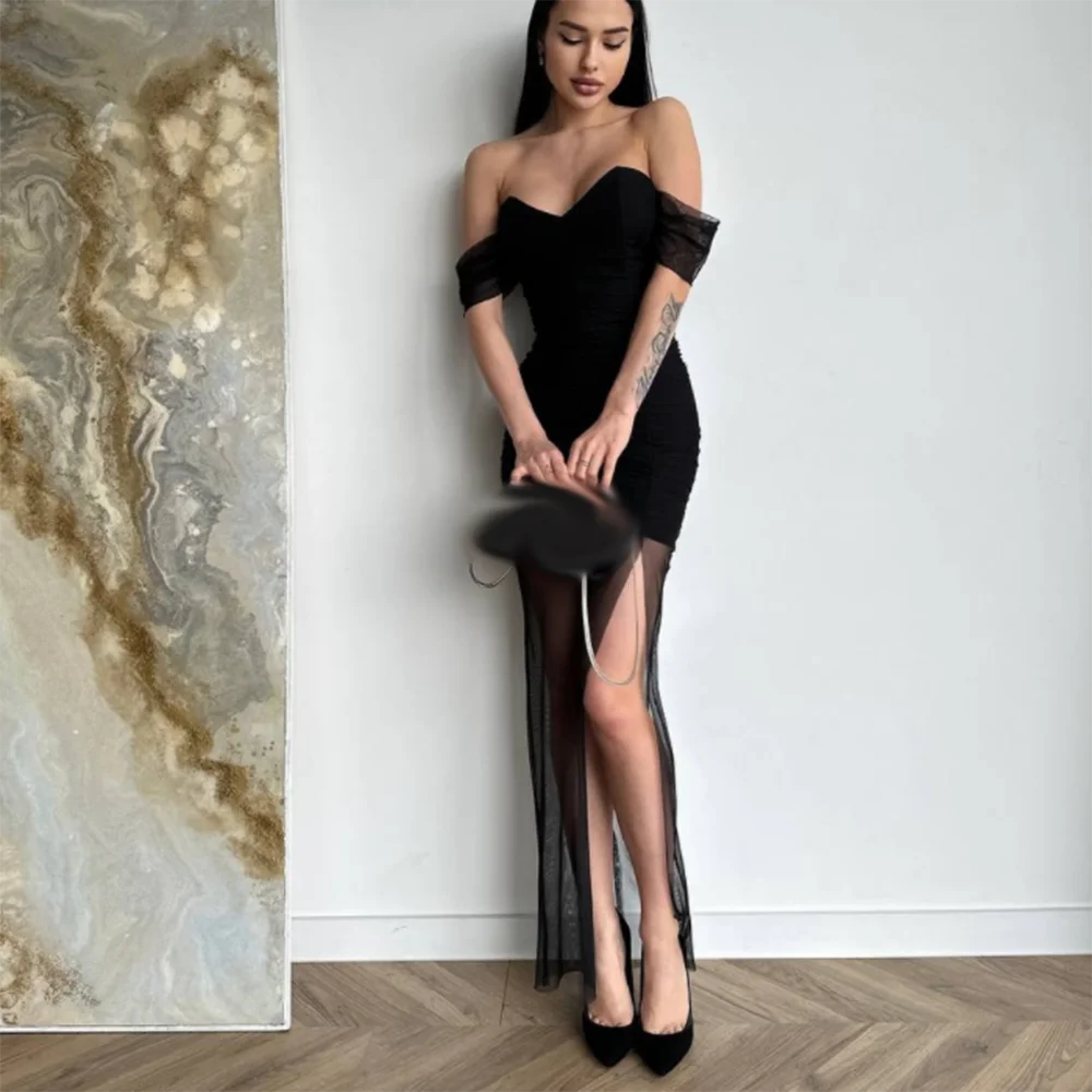 Customized Black Tight Fitting Straight Party Dresses Ankle-Length Sleeveless V-Neck Evening Dresses Fashion Tulle Side Split