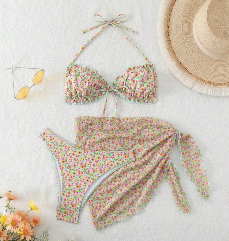 

sexy flower print ruffles micro halter bikinis sets 3pcs with mesh cover skirt beach outfits swimwear swimsuit bathing suit