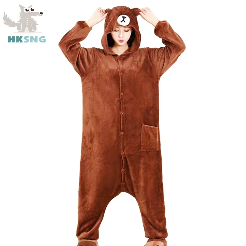 HKSNG Volwassen Plus Size XXL Beer Onesie Kigurumi Flanel Animal Party Rits Knop Overalls Kumamon Pyjama Pak Jumpsuit