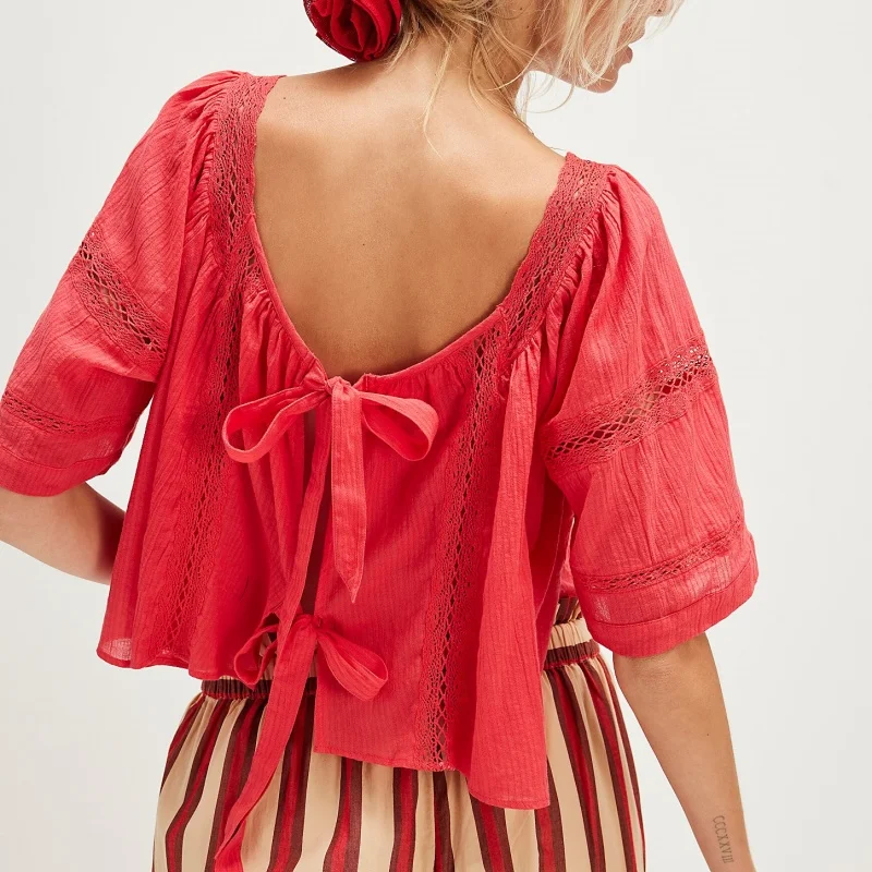 ผู้หญิงกลับ Bow Tie Peplum Tops SHEER Flowy แขนสั้นชาวนาเสื้อลูกไม้ตาไก่ Frilly Babydoll TOP เสื้อ