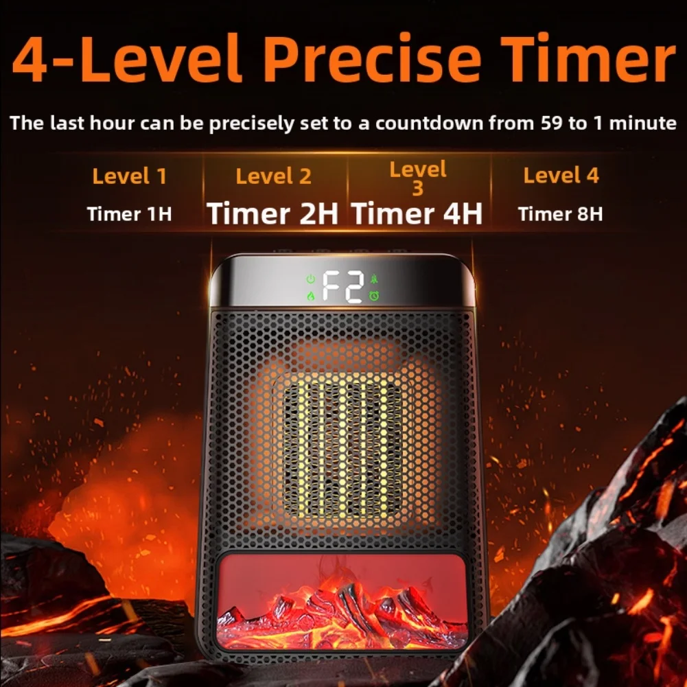 Portable Compact Fan Heater with PTC Technology Realistic Flame and 1248 Hour Timer for Bedroom and Living Room