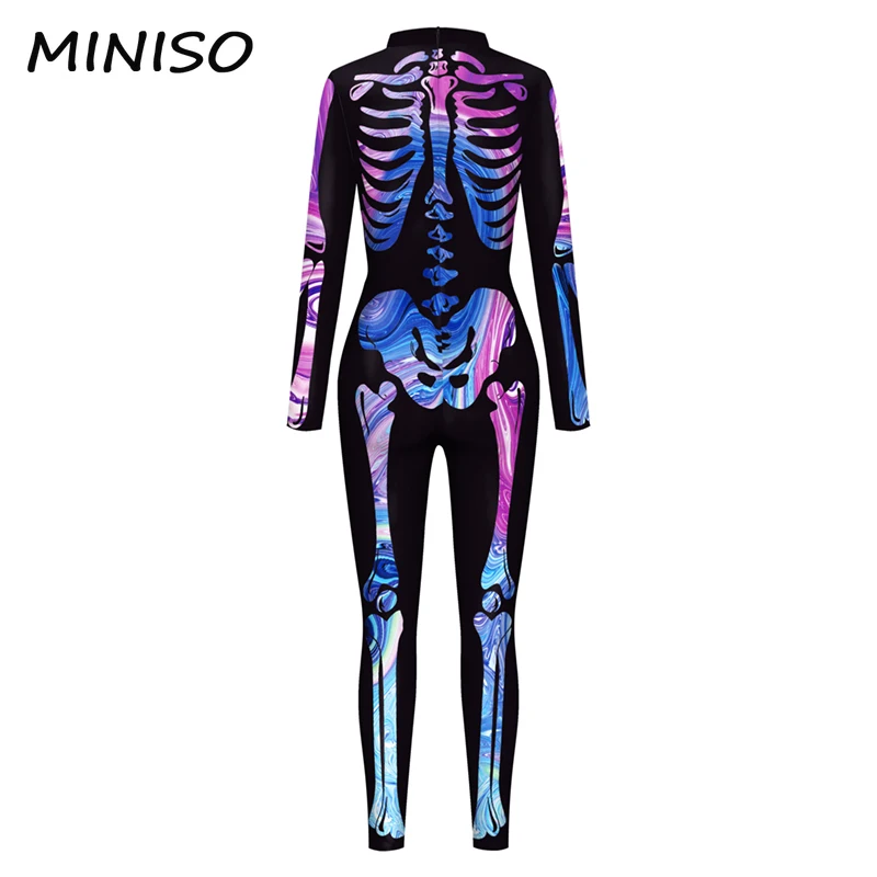 MINISO Multicolor Punk Skeleton Cosplay Costumes Jumpsuit Sexy Women Human Skull Printing Zentai Suits Carnival Party Bodysuit