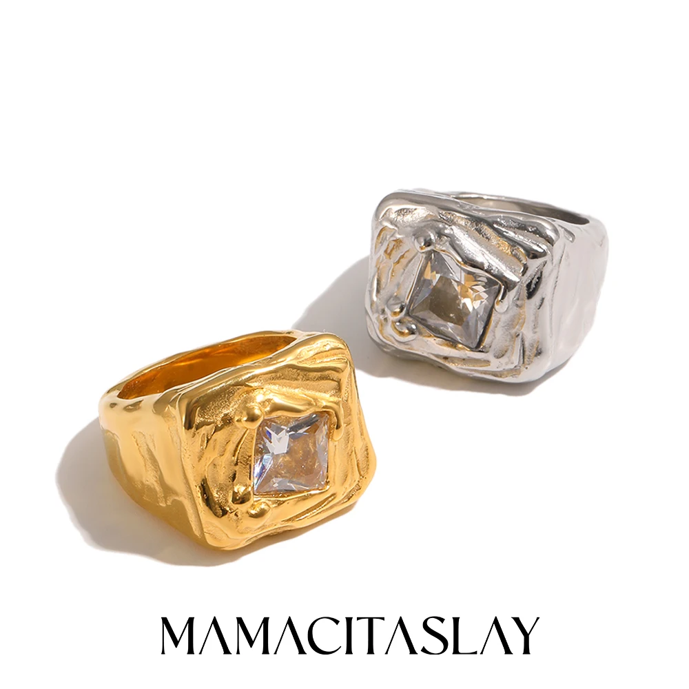 MamacitaSlay 316L Stainless Steel Irregular Molten Hammered Square Zircon Ring 18K Gold Plated Waterproof Jewelry For Women Gift