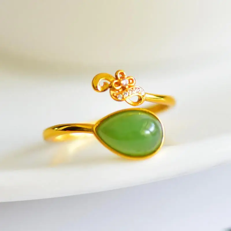Genuine China Nephrite Stone Green Hetian Jade 925 Silver Zircon Waterdrop Ring Women Certified Jewelry For Girlfriend Mom Gifts