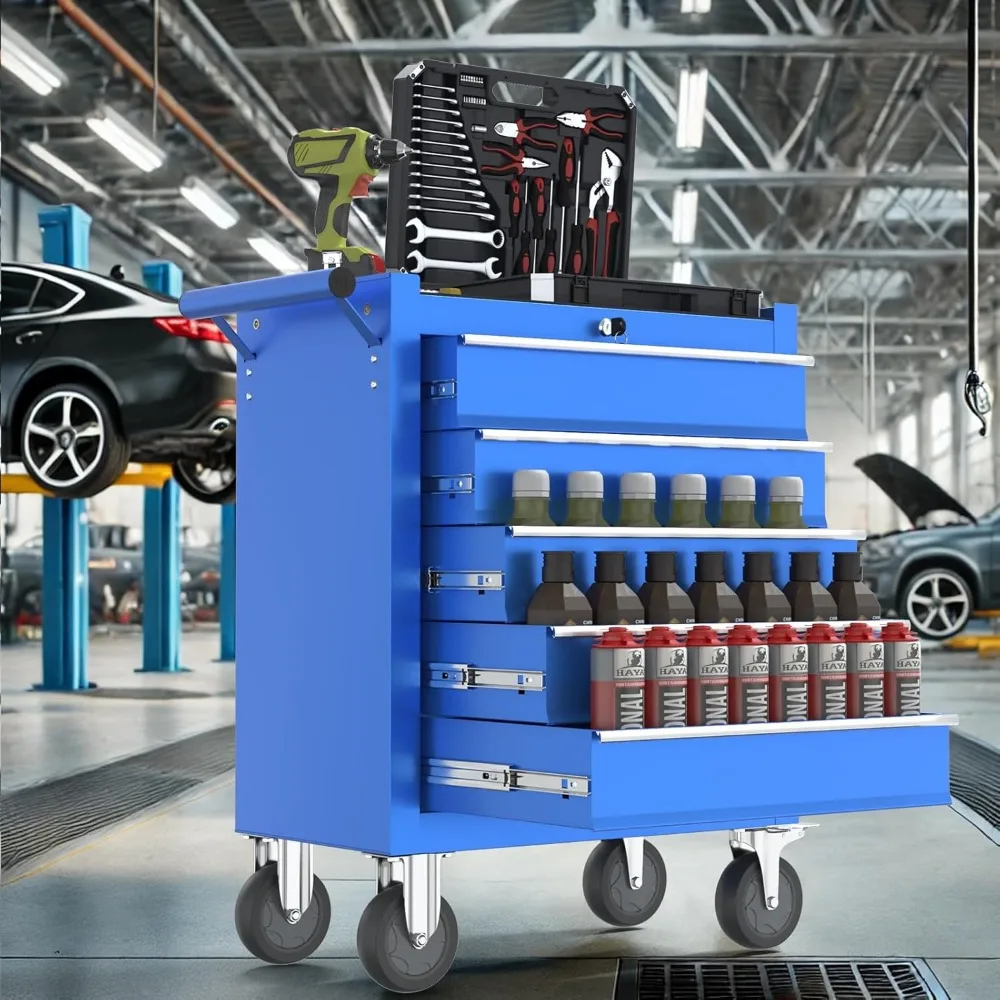 5段引き出し付きヘビーデューティーローリングツールチェスト、大容量収納、作業場用メカニックロック式メタルツールキャビネット