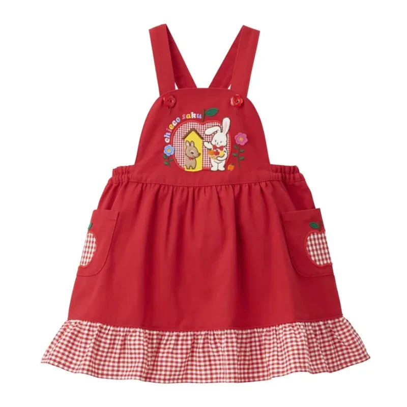 Kids Dresses for Girls Cartoon Flowers Bunny Embroidery Plaid Strap Skirt Dress Baby Skirt