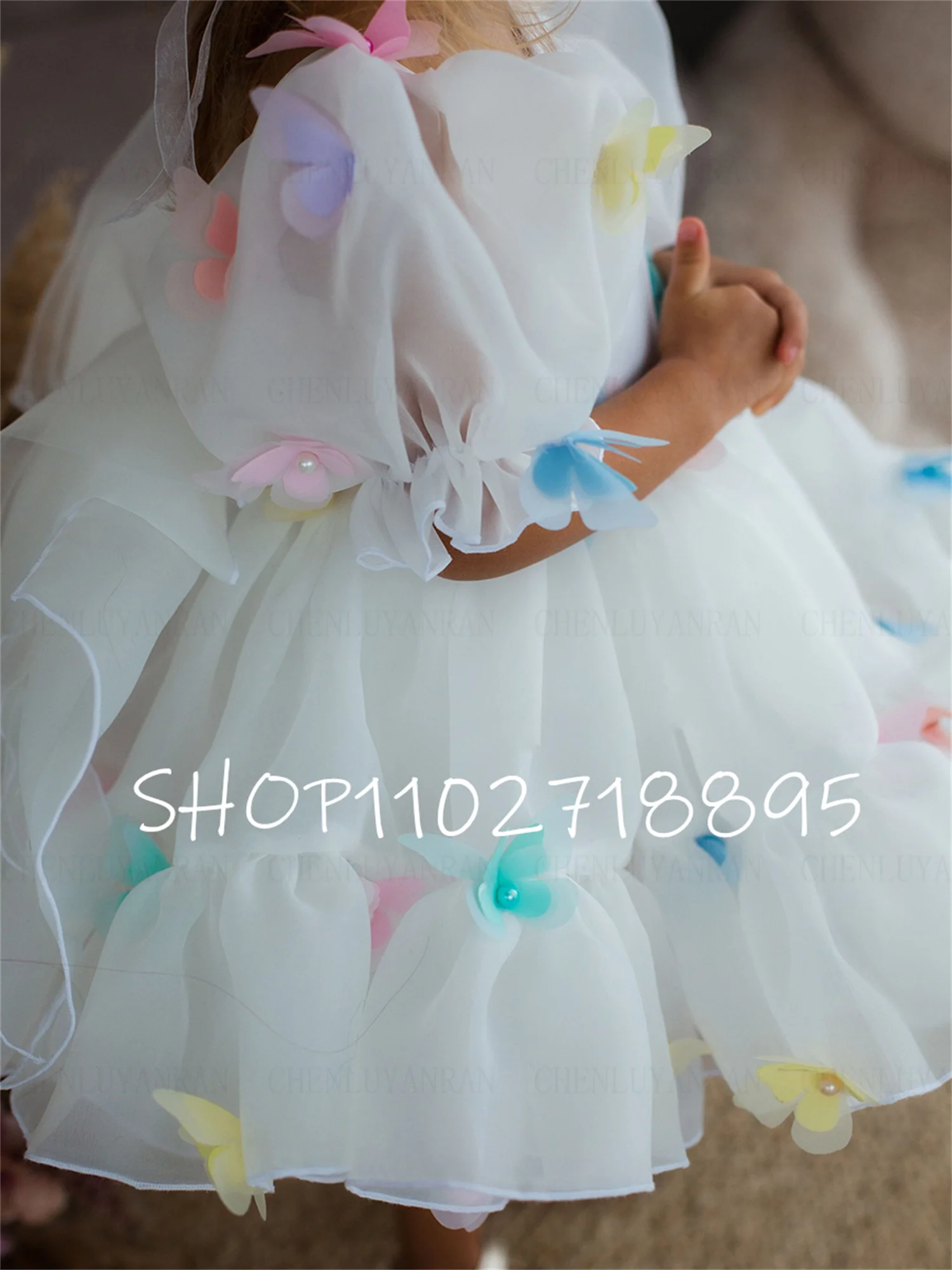 Ivory Organza Flower Girl Dresses Puff Sleeves Girls Princess Wedding Party Dress A-Line Knee-Length First Communion Gown Dress