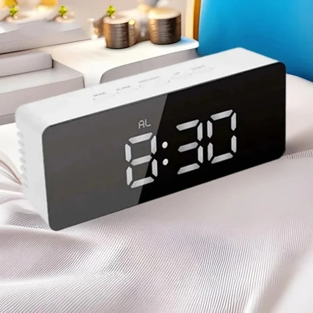 New White Digital Clock Night Light Display Time LED Mirror Table Clock Desk Clock USB Desktop Alarm Clock