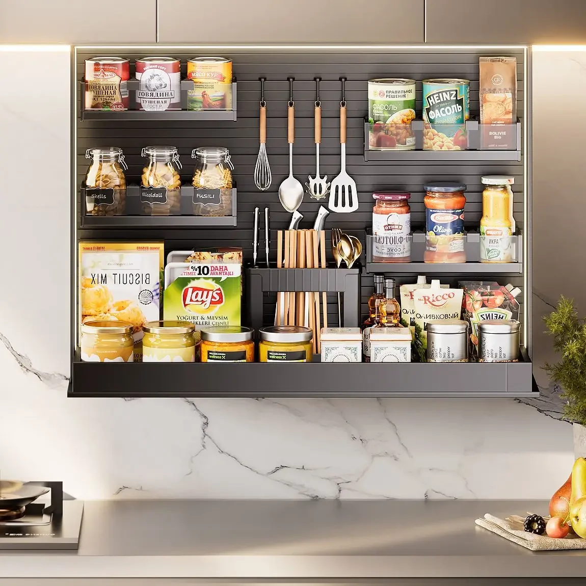 Kitchen hanging cabinet drop-down vertical lift basket touch control cabinet
