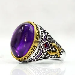 New 925 Sterling Silver Men's Türkiye Handmade Ring Women's Natural Amethyst Luxury Muslim Christmas Party Jewelry Gift