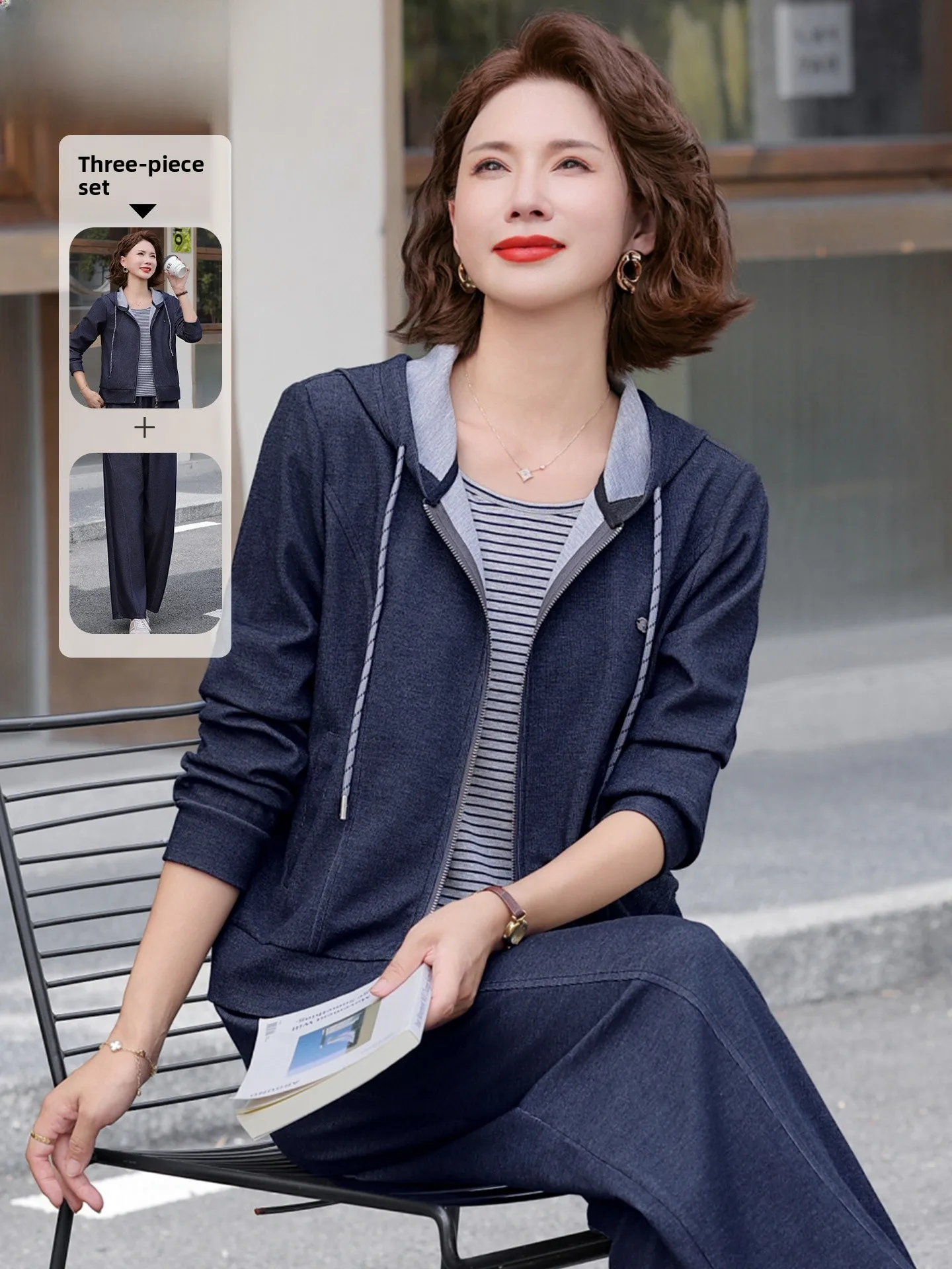 

Женский джинсовый комплект Ele Spor: модные повседневные брюки и куртка на молнии для среднего возраста, весна-осень