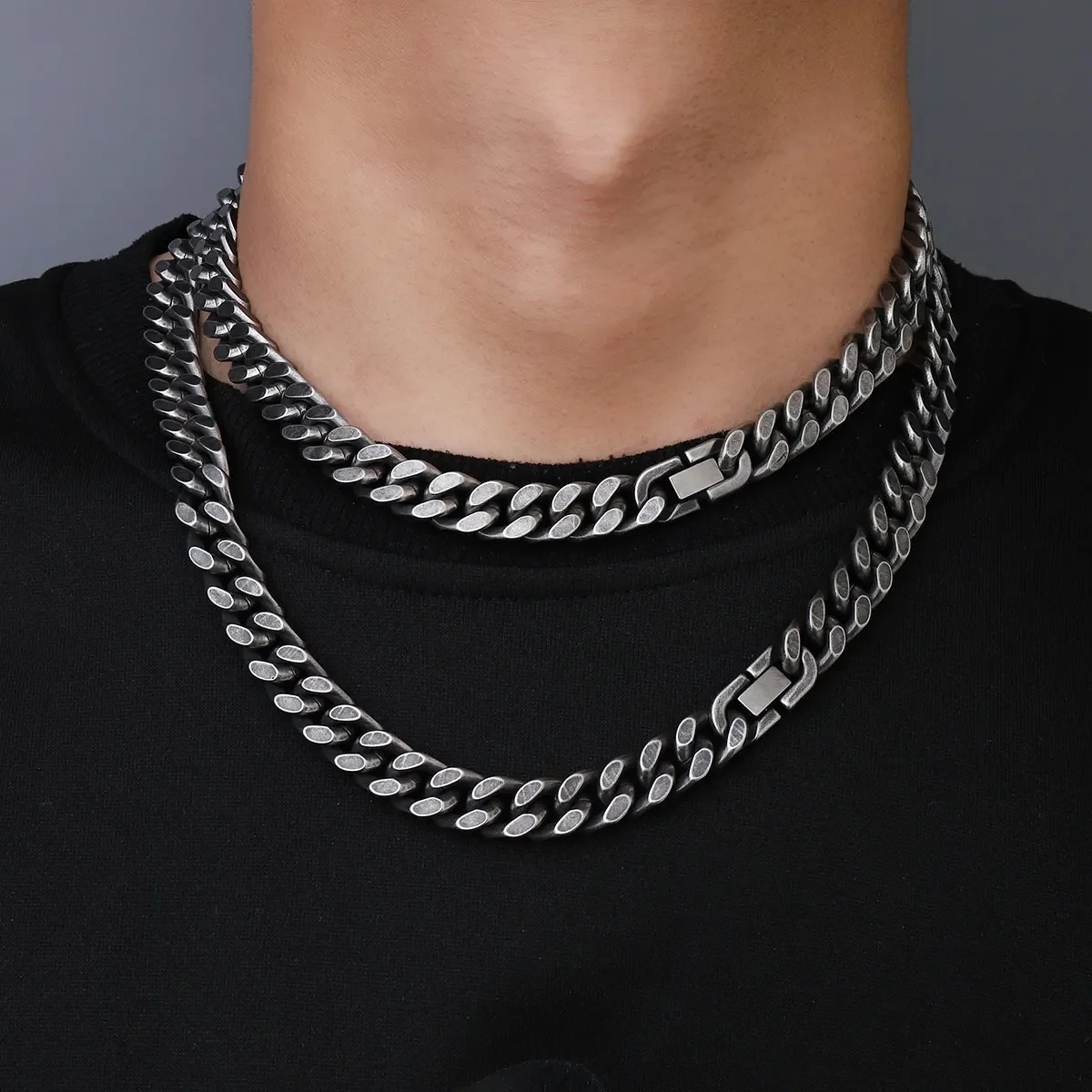 Gun Metal Black Titanium 11mm Figaro Four Sides Cube Chain For Men Hip Hop Stainless Steel Jewelry Waterproof Necklace