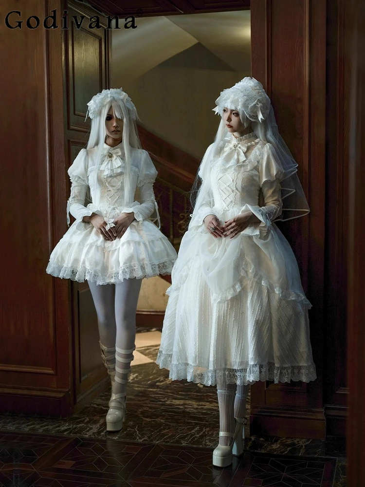 

White Gothic Long Sleeve Ruffles Stand-up Collar Lolita Dresses Spring Autumn Sweet Girls Fashion High Waist Versatile Dress