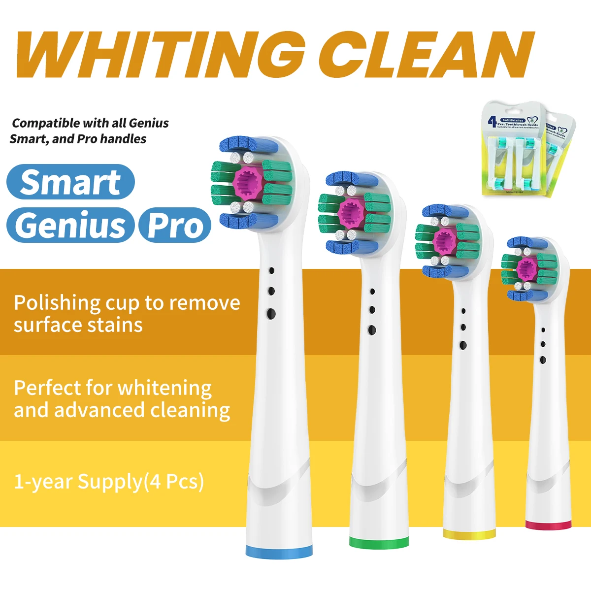 Cabezales de cepillo de dientes compatibles con Oral B Genius Smart Pro Series, paquetes múltiples, suministro para 1 año, pulido, blanqueamiento, manchas superficiales