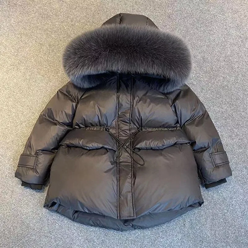 Fox Fur Collar Children's Thickened Medium Length Waist Retraction White Duck Down Padded Jacket 110-160cm ﻿