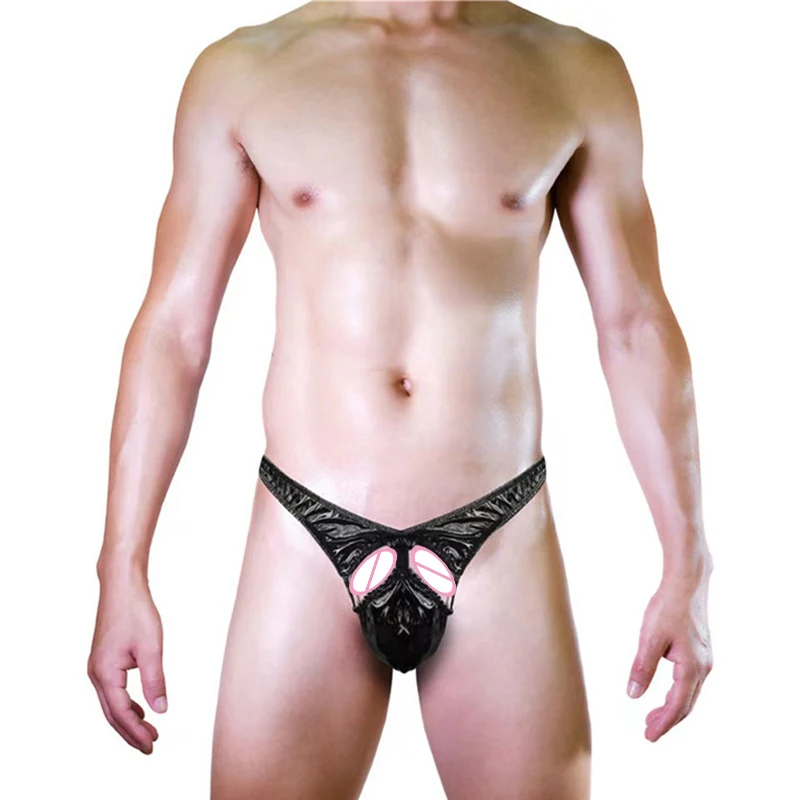 Young men's men's sex appeal Underwear Panties Low waist imitation leather thong T-string hollowed out sexy perspective temptati