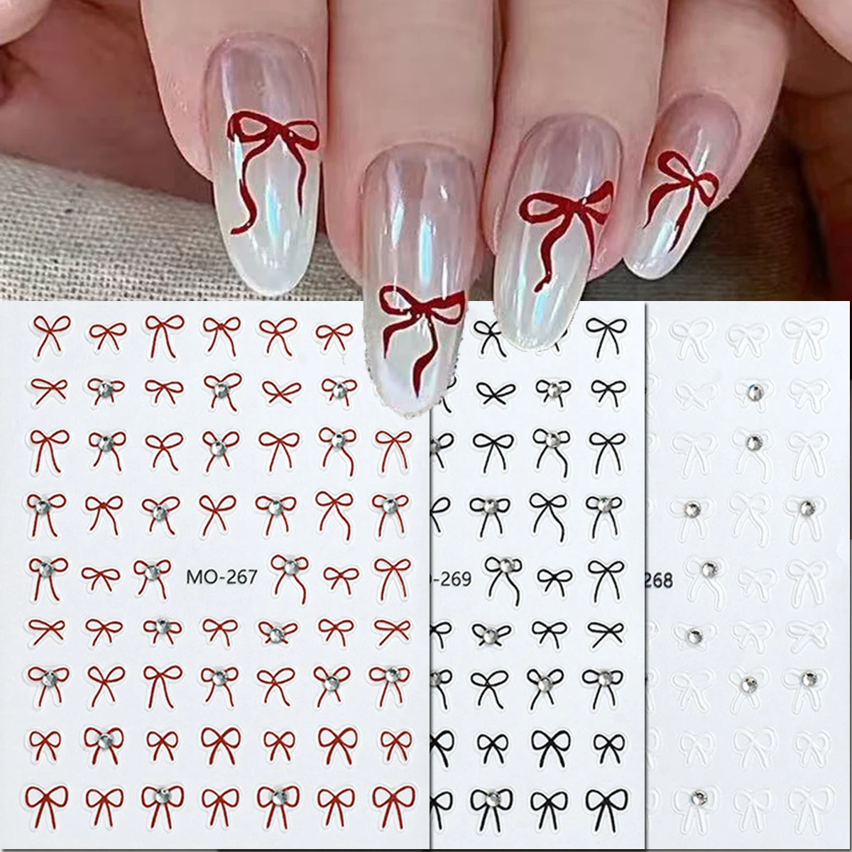 3pcs Diamond Studs Red Black White Bowknots Nail Art Stickers 5d Embossed Nail Decals For Manicure Tips Beauty DIY