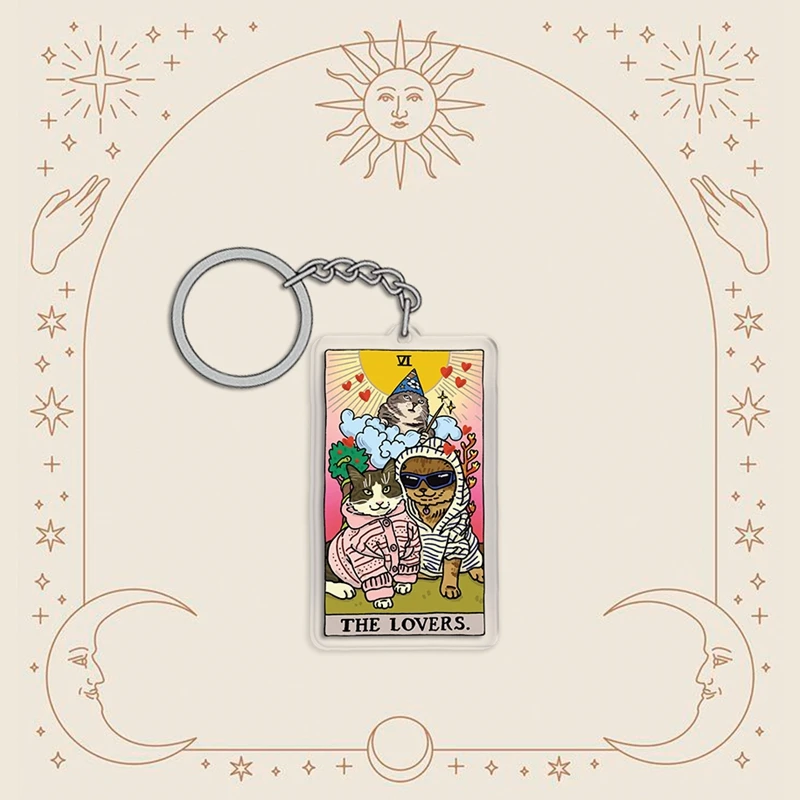 Hot Creative Tarot Cat Meme Keychain Sad Cat Meme Cartoon Acrylic Pendant Car Key Chain Bag Charm Funny Jewelry Gift for Friends