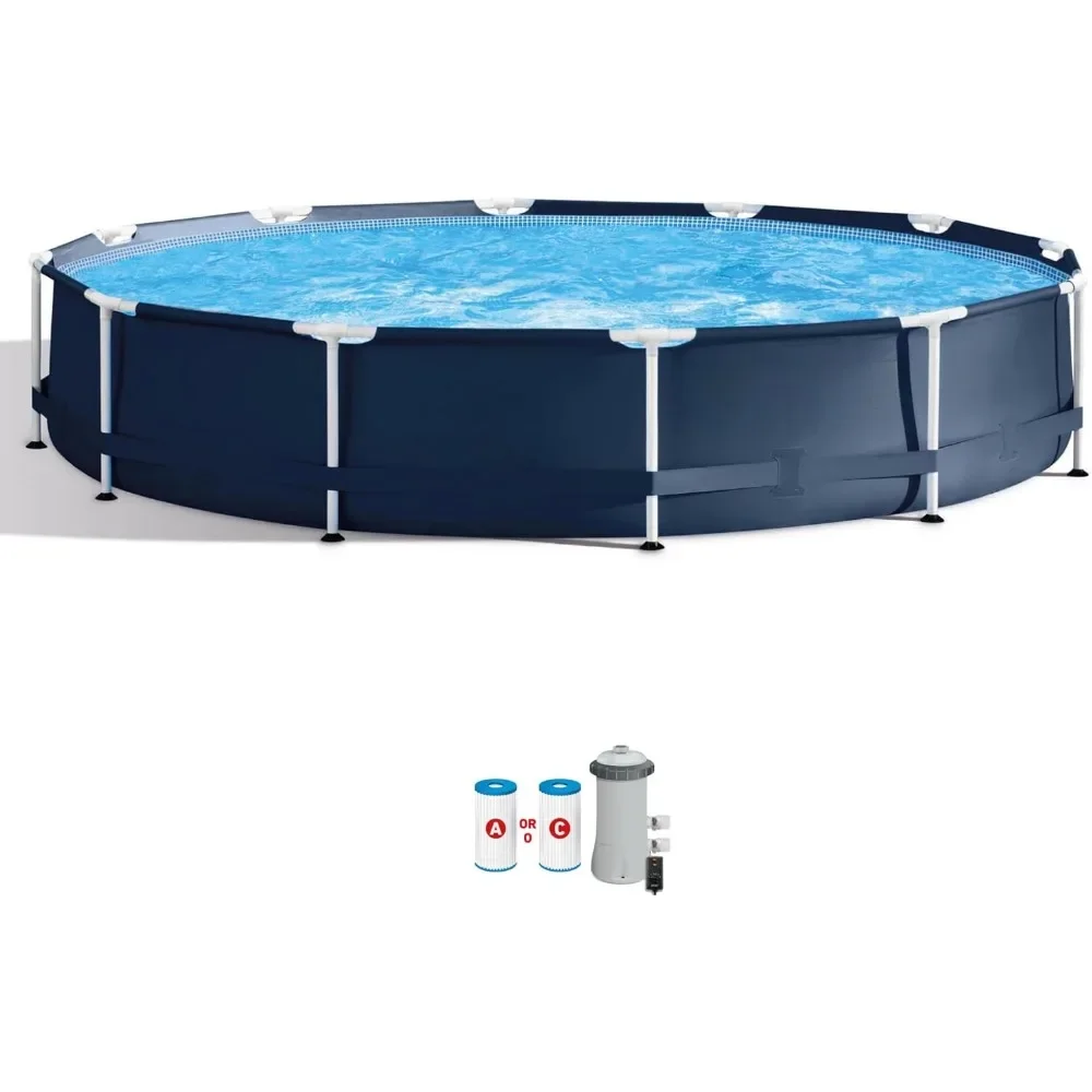 Metal Frame 12 Foot x 30 Inch Round Above Ground Outdoor Backyard Swimming Pool with 530 GPH Filter Cartridge Pump, Navy