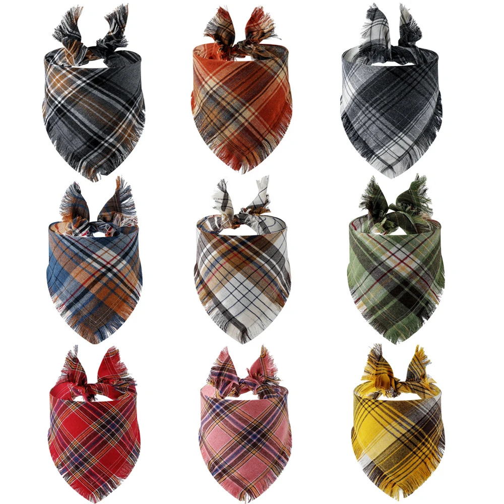 Plaid Tassel Dog Bandana Pet Dog Triangle Scarf Collar Dog Accessories for Large Dogs