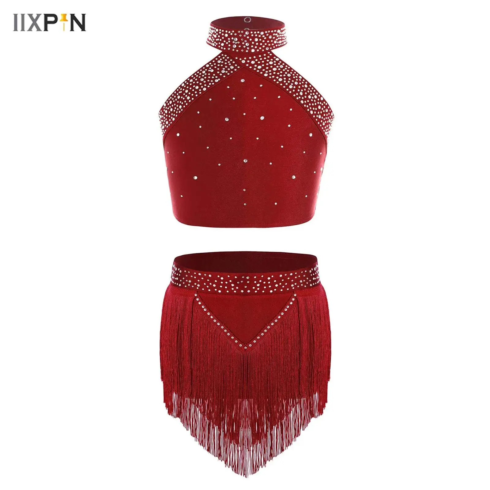 

Kids Girls Figure Skating Dance Outfit Halter Neck Sleeveless Backless Shiny Rhinestones Vest+Skirt Shorts Latin Dance Dress