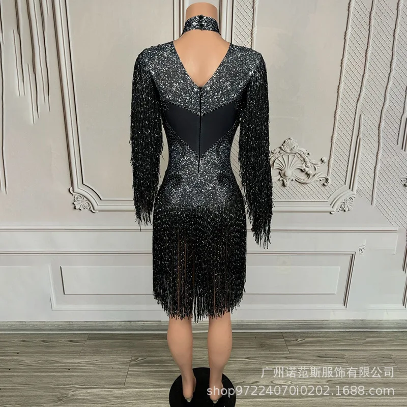 Shining Tassel Temperament Slim Short Dress Latin Dance Competition Suit Night Club Performance Suit Atmosphere Vestido De Mujer