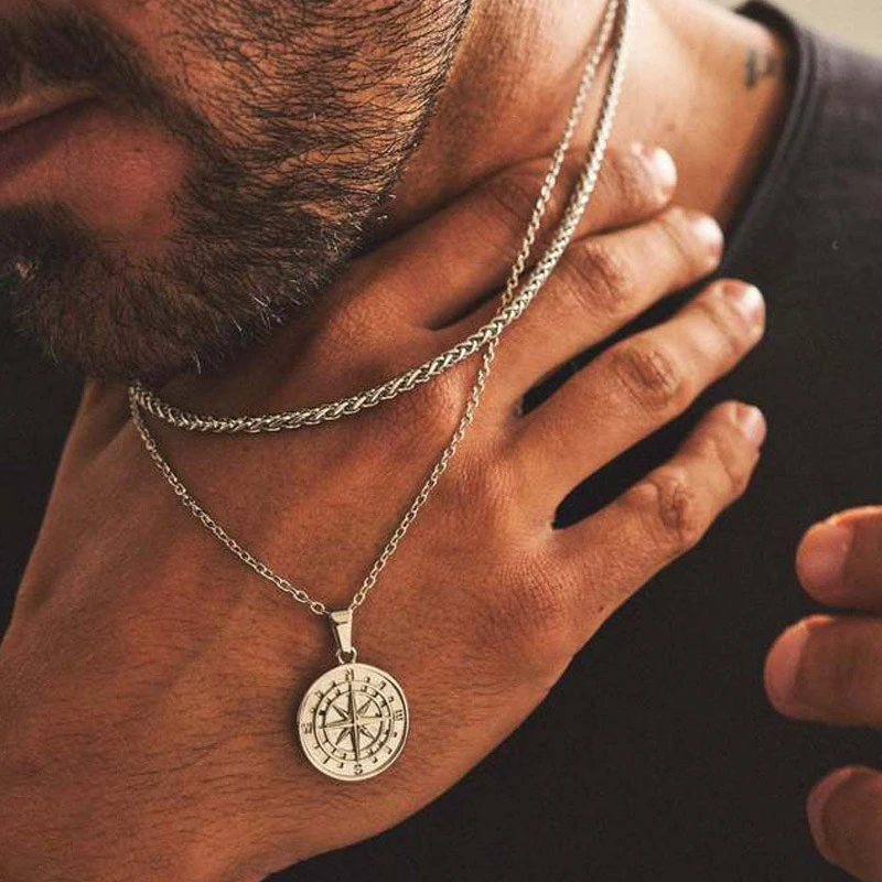 Men\'s Layered Alloy Necklace Navigation Travel Compass Pendant Cuban Figaro Wheat Chain Casual Vintage Necklace Jewelry Gift