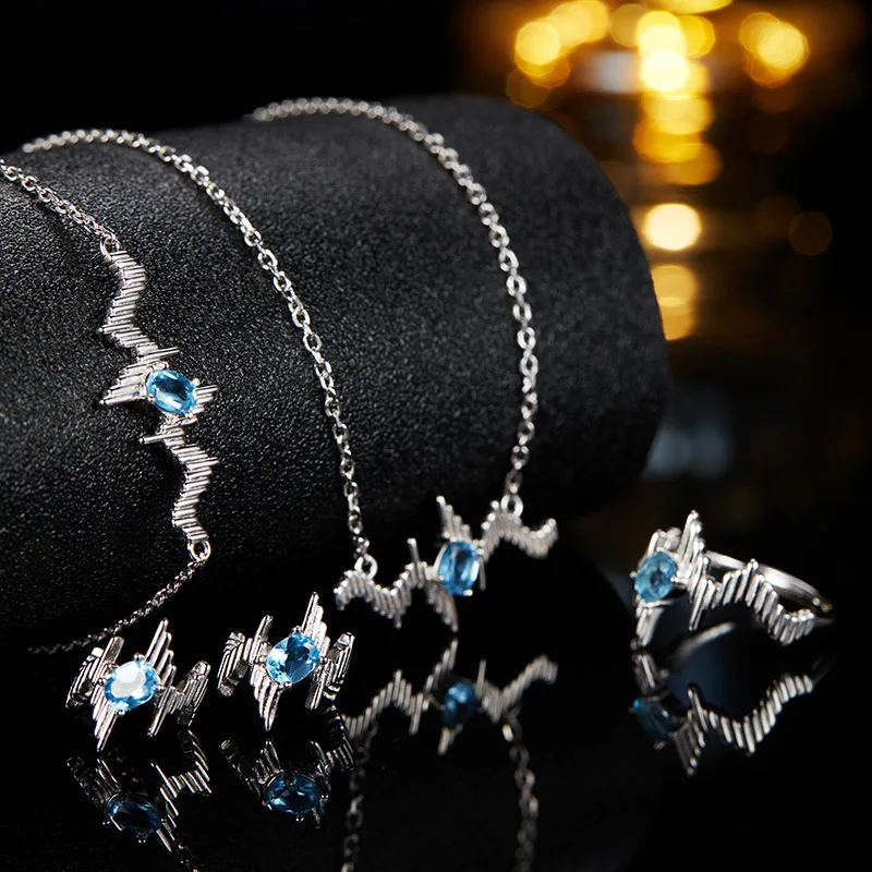 

S925Sterling Silver Inlaid Natural Gemstone Necklace for Women Heartbeat Pendant Gift for Friends