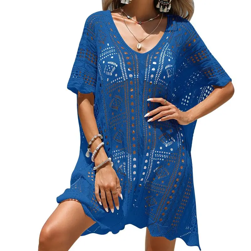 Women Cover-ups Sexy Knit Hollow Out V-neck Hooded Short Sleeve Beach Mini Dress