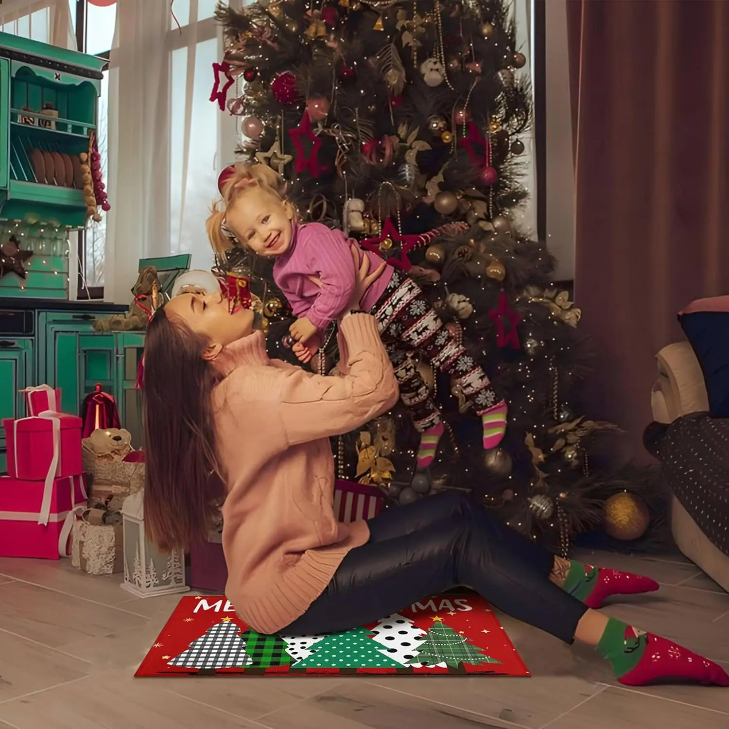 الجاموس منقوشة أشجار عيد الميلاد عيد ميلاد سعيد سجادة باب الأحمر ، الموسمية عيد الميلاد سجادة باب عدم الانزلاق قابل للغسل منخفضة المستوى داخلي في الهواء الطلق الشتاء