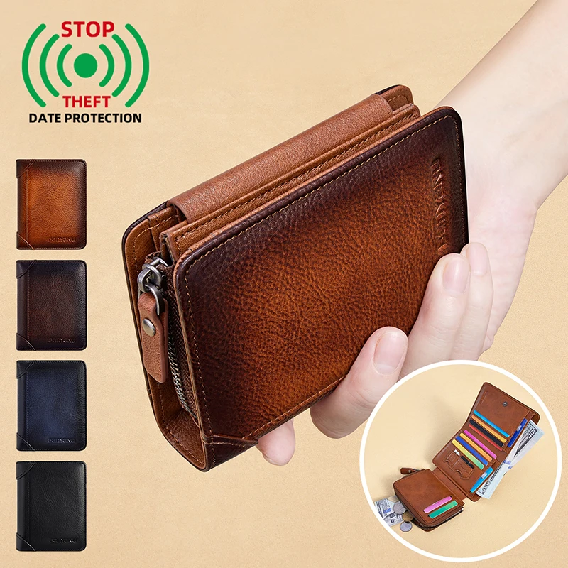 Top Grain Cowhide Leather Men Short Wallet, Hidden Snap Button, Multi Card Slots Large Capacity Multi-functional Coin Purse